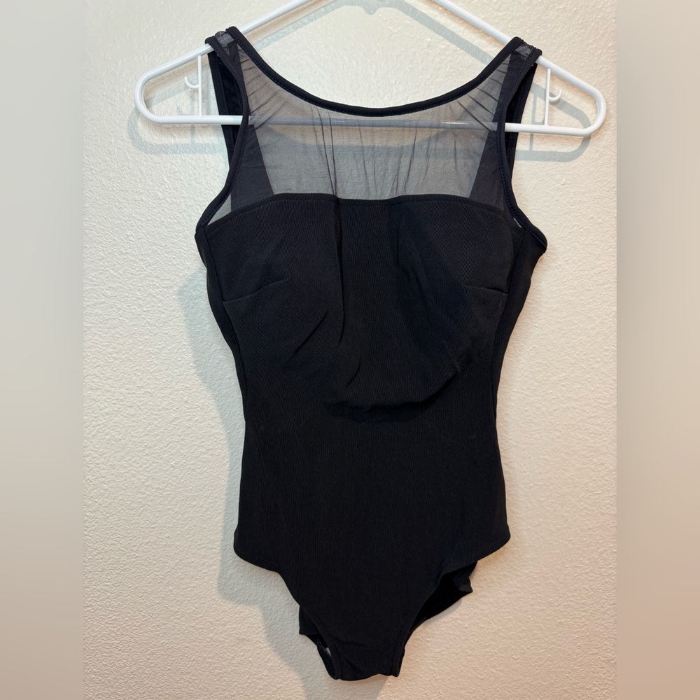 Lands End Vintage One Piece Black Ribbed Mesh Neckline Swimsuit Size 10